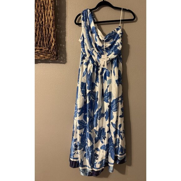 Petal & Pup Midi Dress 10 Blue White Floral Silky One Shoulder Washable NEW - Picture 15 of 16